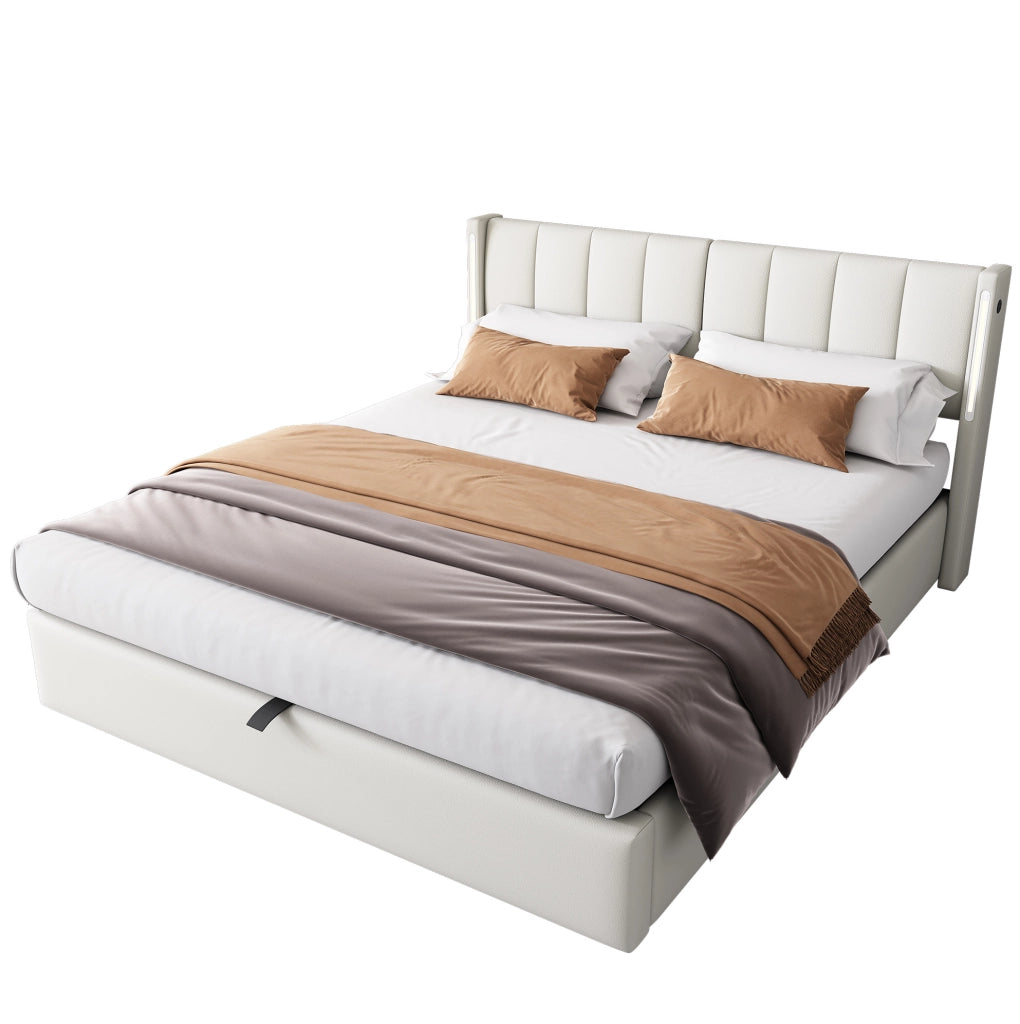 Letto imbottito LED 160x200 cm con contenitore, schienale regolabile, USB ricaricabile e rivestimento in PU bianco