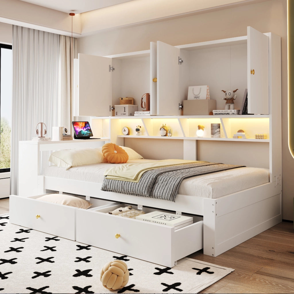 Letto con cassetti 90 × 200 cm con scrivania integrata armadi ripiani LED prese rete a doghe struttura in MDF bianco