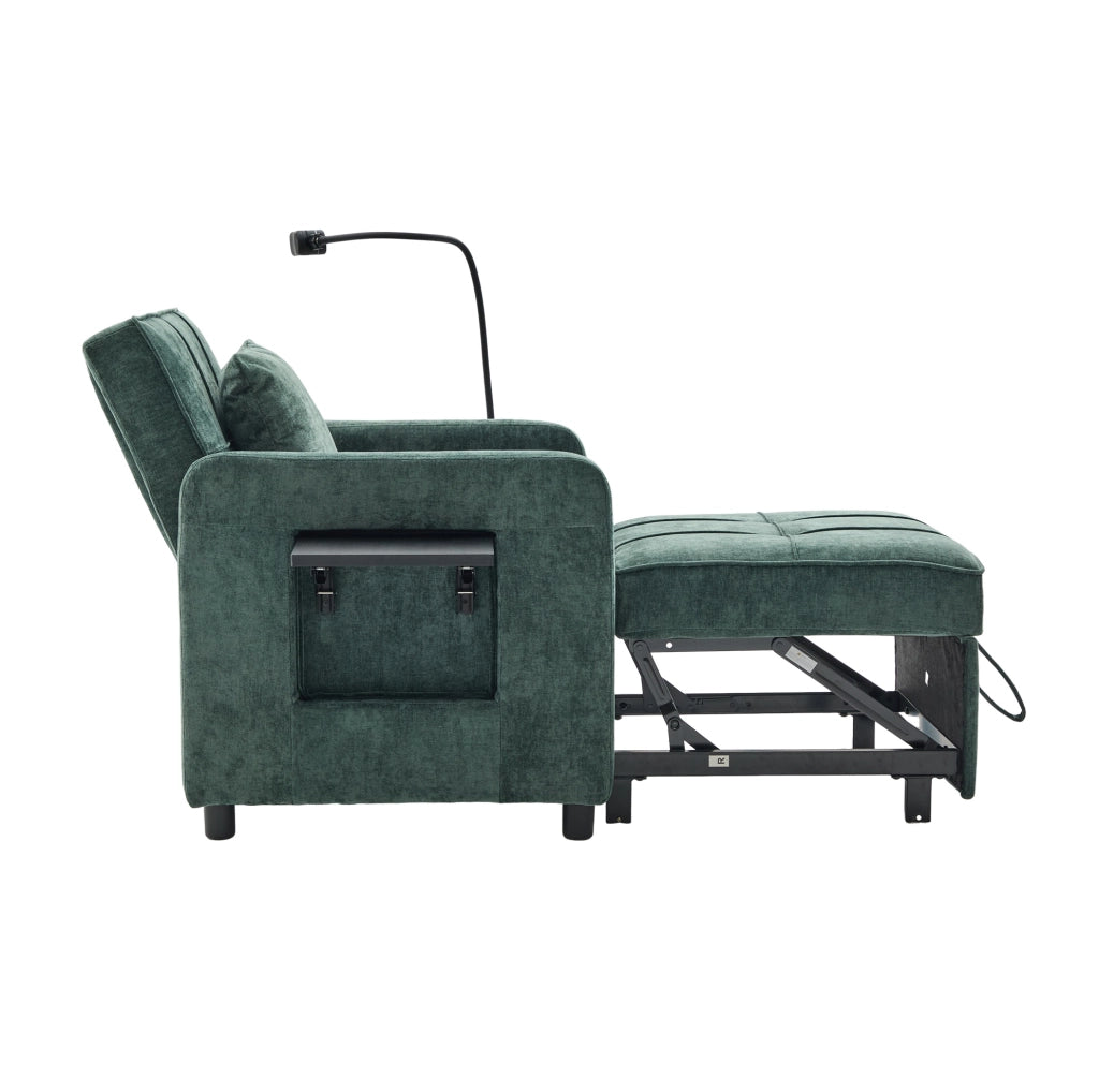 Poltrona letto 2-in-1 in chenille verde con cuscino, tasche laterali e tavolino integrato