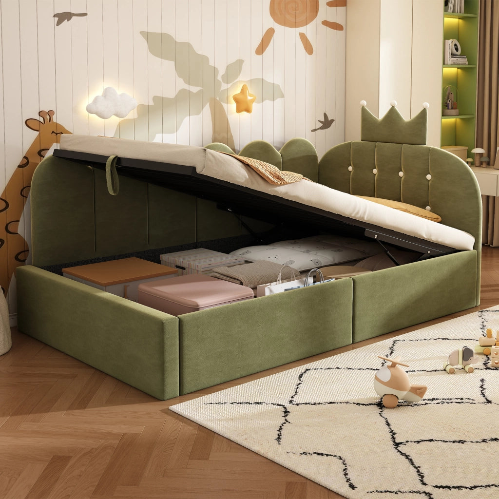 Letto da giorno 90x190 cm con contenitore idraulico; velluto verde e testiera a corona