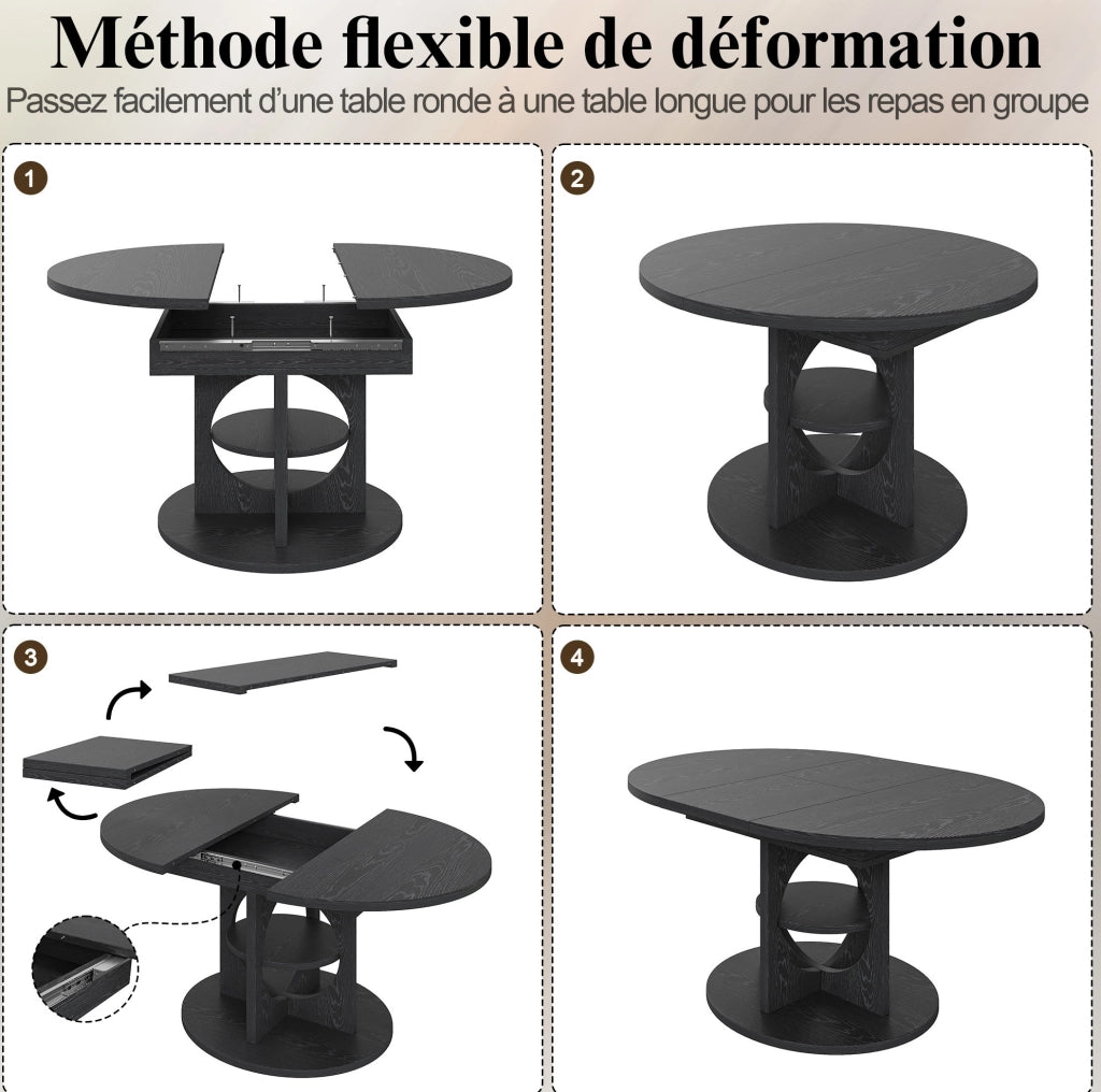 Tavolo da pranzo estensibile ULEVR 110-150 cm rotondo e ovale con ripiano integrato, MDF e metallo nero