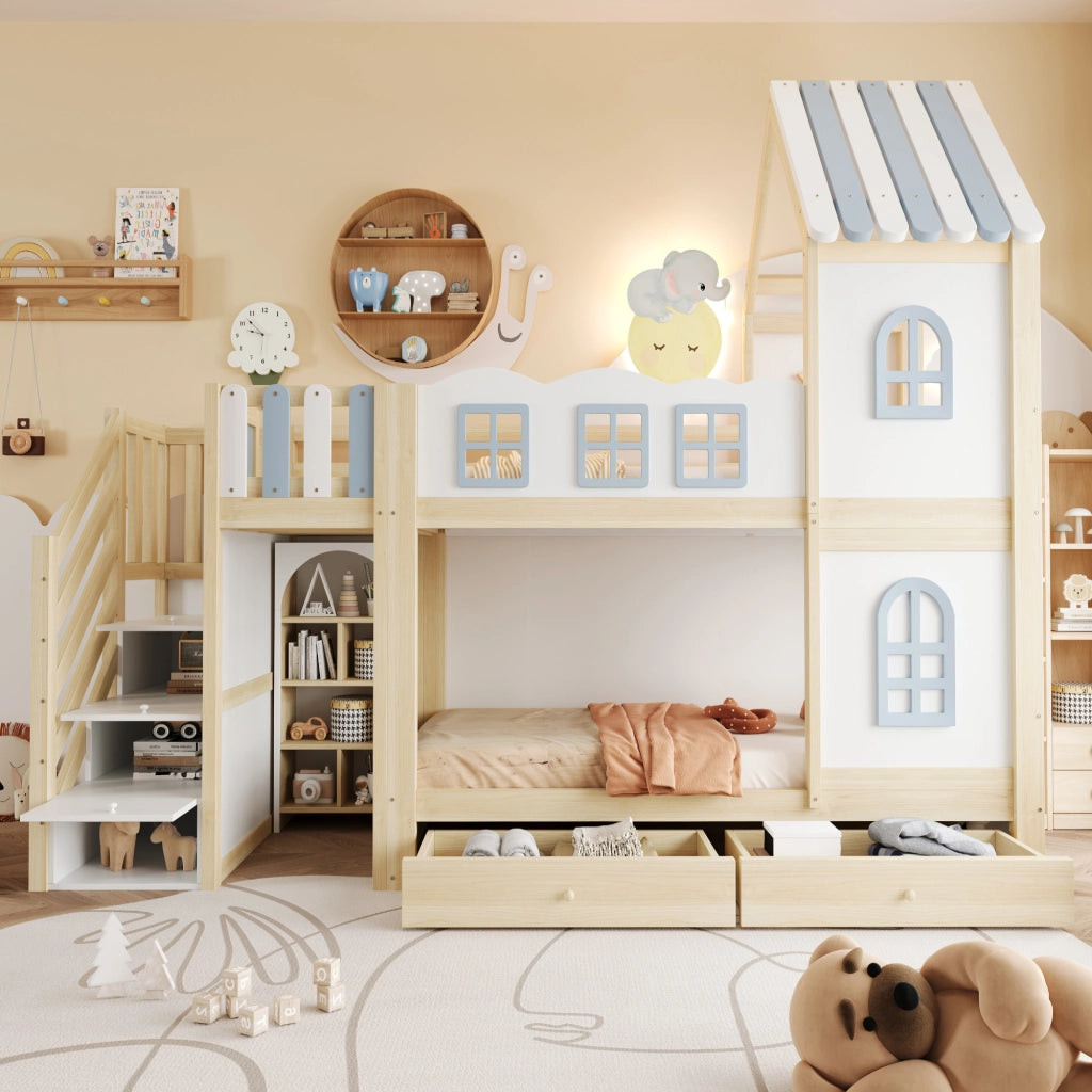 Letto a castello per bambini con sponde a nuvola e scala, 90x200 cm, bianco