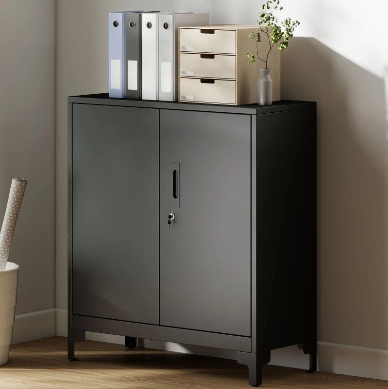 Armadio da ufficio in metallo con porte chiudibili, design a 2 livelli, colore nero
