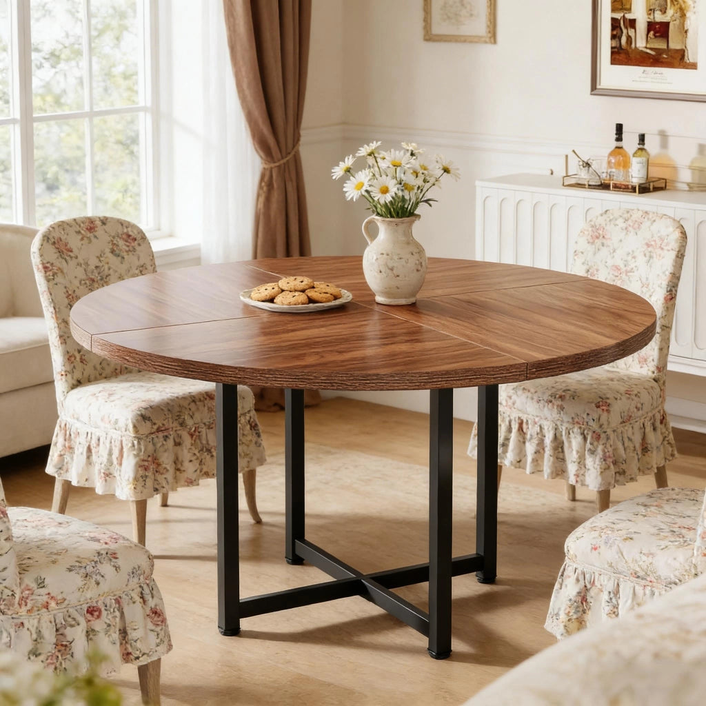 Tavolo da pranzo rotondo da 4 a 6 persone, stile industriale, in metallo e legno, nero e marrone, diametro 120 cm