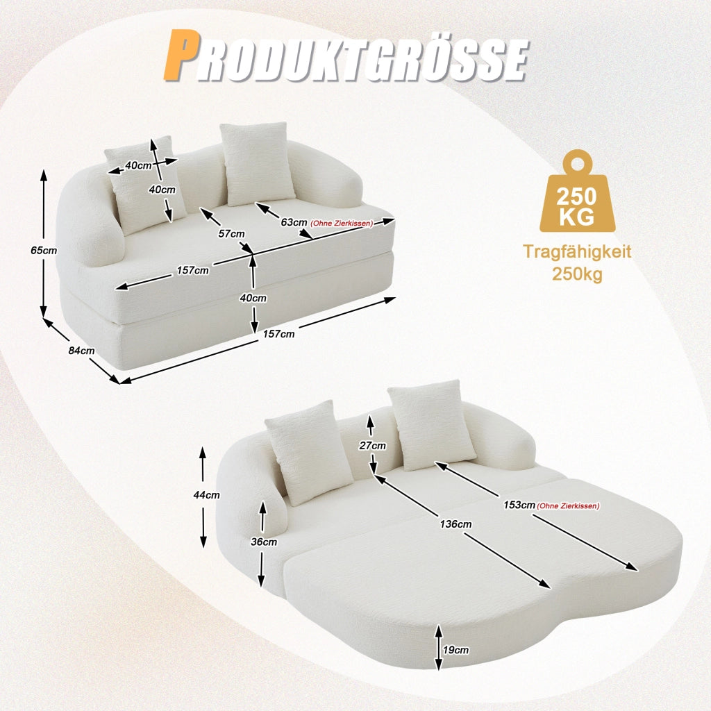 Divano letto 2 posti pieghevole con funzione letto e doppio schienale ergonomico in ciniglia beige 157×84×65 cm