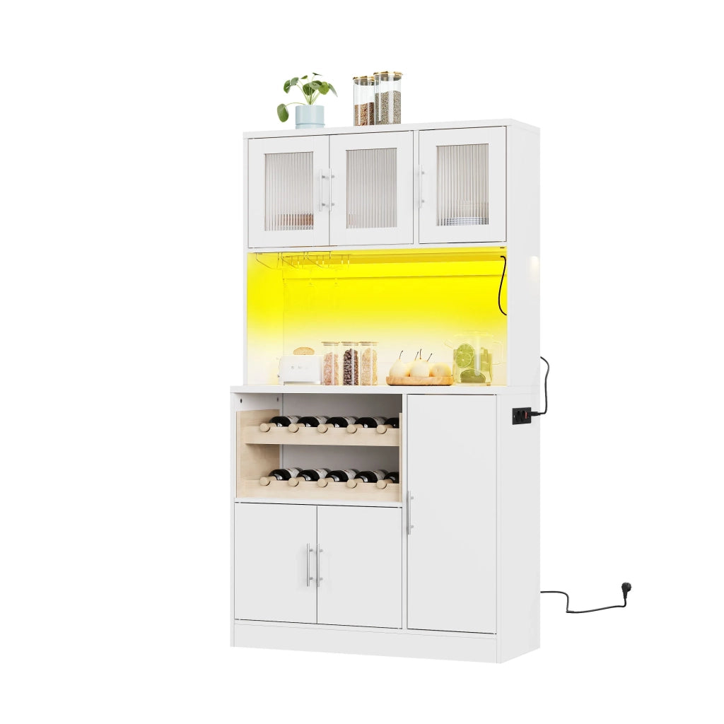 Dispensa da cucina bianca 100x40x180 cm con ante in vetro, LED RGB e presa elettrica, portabicchieri e scaffale vino, mobile alto moderno
