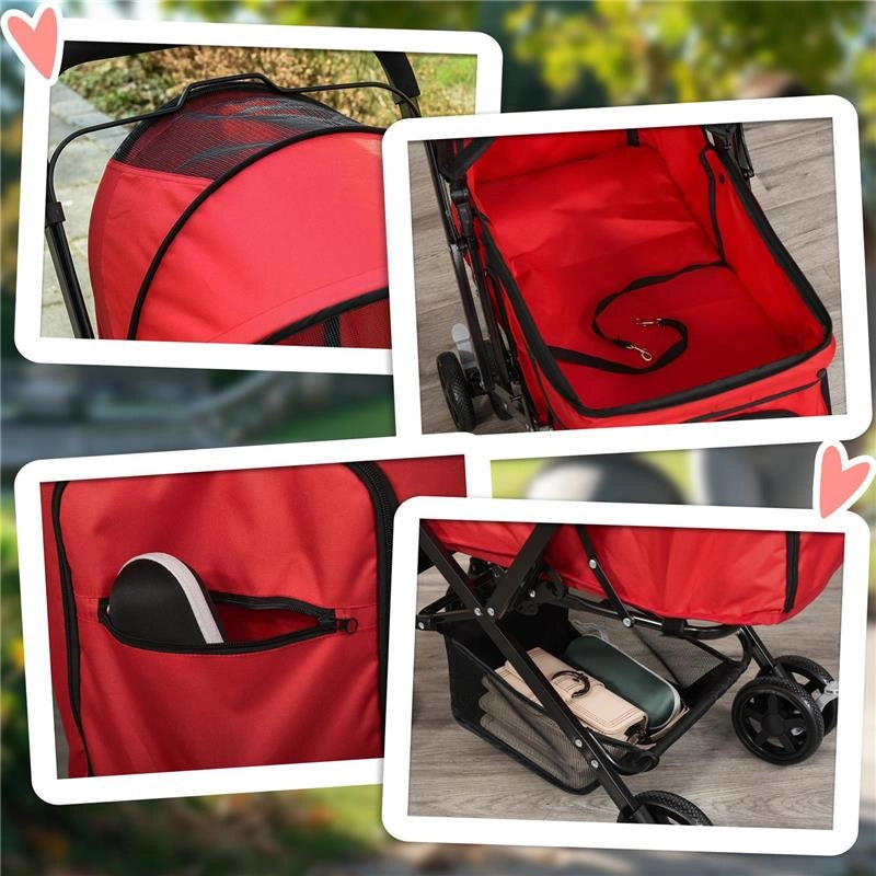 PASSEGGINO PER CANI PICCOLI PIEGHEVOLE CON MANIGLIONE GIREVOLE E RUOTE CON FRENI, 76.5X52X95CM, ROSSO