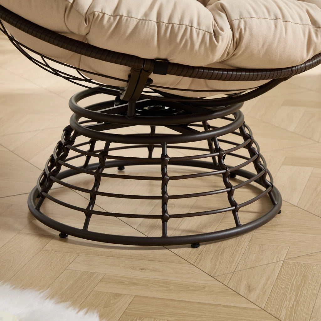 Sedia Papasan Girevole in Rattan Marrone con Cuscino Beige Morbido e Spesso, Struttura in Acciaio, 92 cm, Ideale per Soggiorno e Camera
