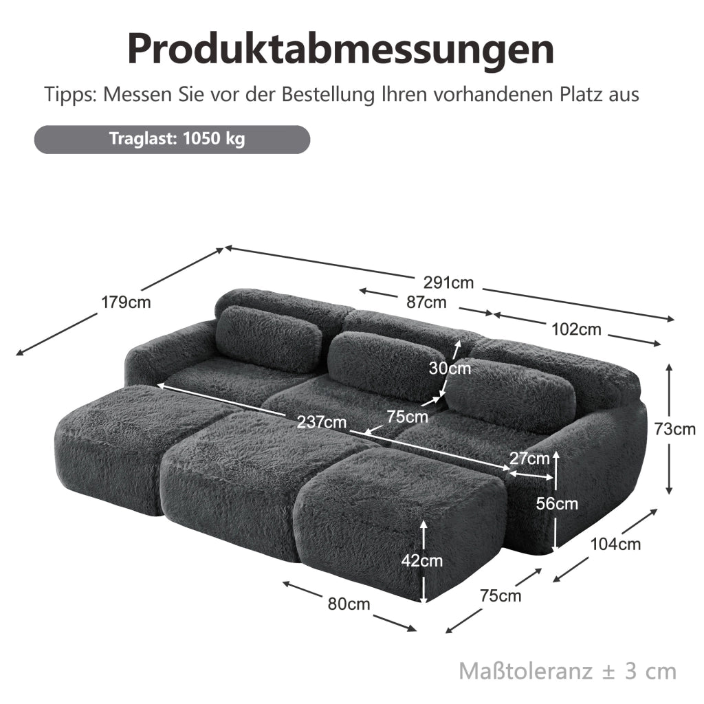Divano modulare boneless Cloud in tessuto peluche grigio, con 3 ottomani, 3 posti, comodo per soggiorno