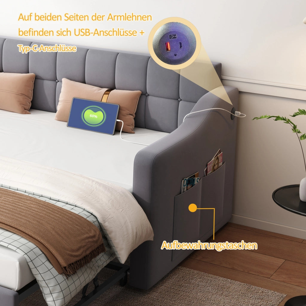 Letto divano estraibile 90×190 e 180×190 cm; 2 posti con porte USB sui braccioli; senza materasso; velluto grigio