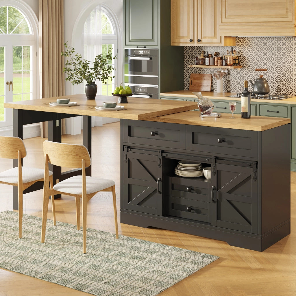 Tavolo da pranzo estensibile con mobile laterale, cassetti e piani girevoli, per cucina, MDF nero, 120-197 × 40 × 72 cm
