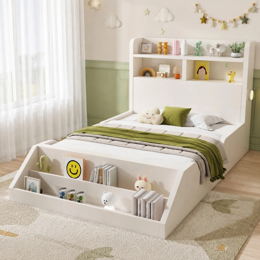 Letto per bambini 90x200 cm con luci notturne; ripiani e libreria removibile; legno bianco