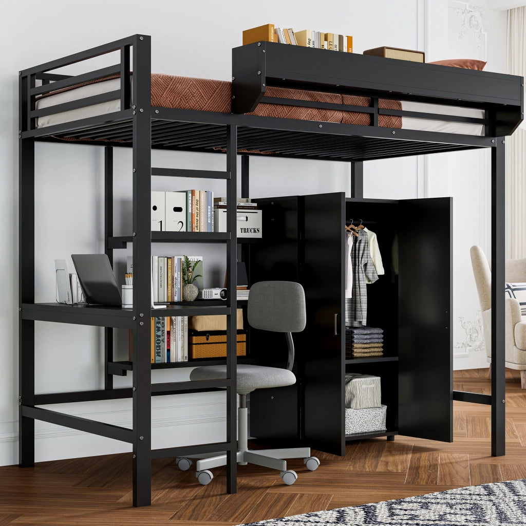 Letto a castello 90x200 con scrivania e armadio; struttura in metallo e pannelli truciolari; nero; per cameretta