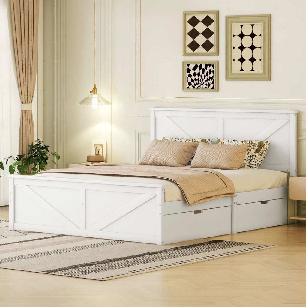 Letto in pino bianco 160x200 cm con testiera e 4 cassetti