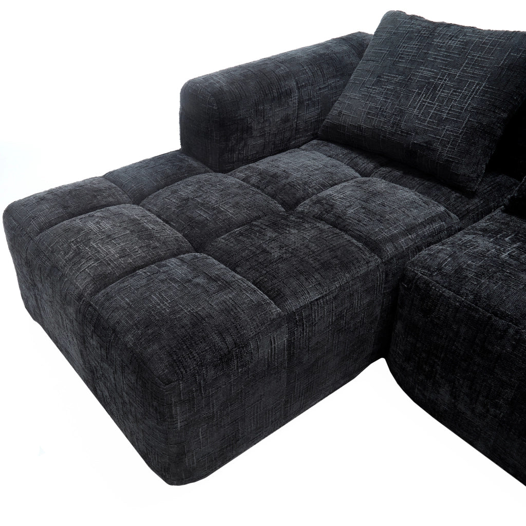 Divano componibile 3 posti con chaise longue e tasche laterali in ciniglia nera, 250x158 cm