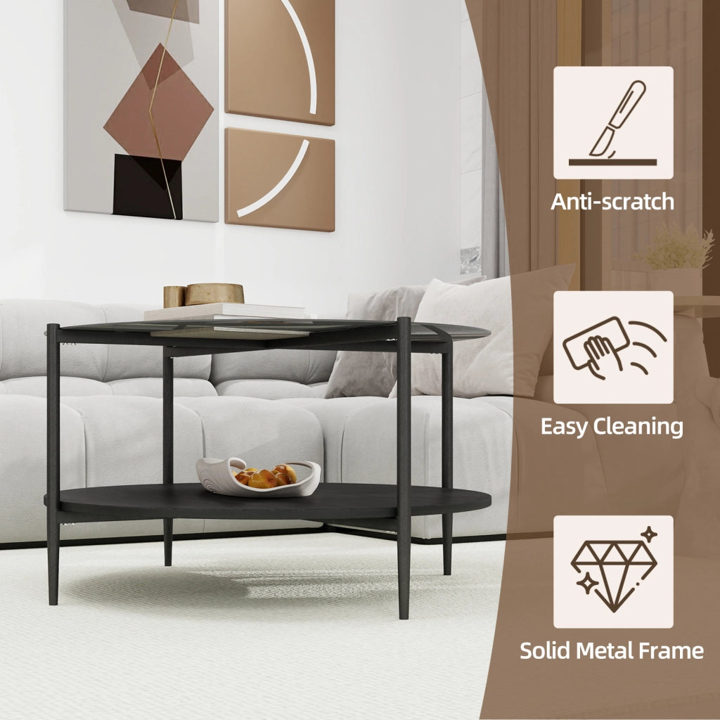 Tavolino basso fisso rotondo a due ripiani in vetro temprato legno e ferro nero diametro 82 cm altezza 45 cm