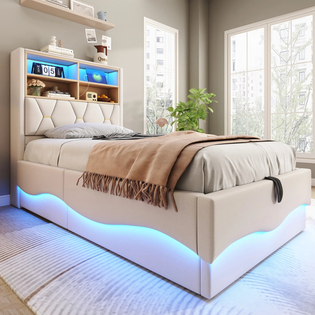 Letto contenitore 90 × 200 cm con LED controllabile tramite app USB struttura in metallo imbottita beige