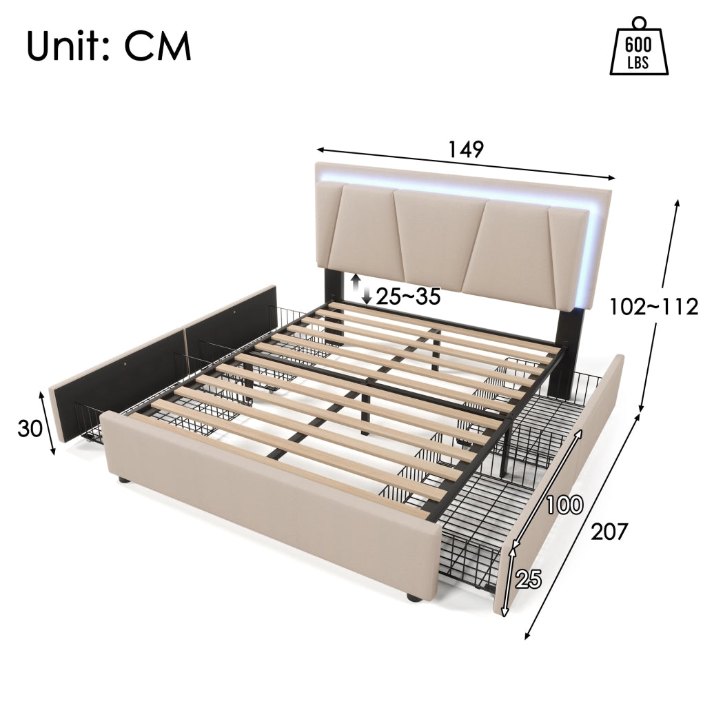 Letto imbottito 140 x 200 cm beige con LED e 4 cassetti