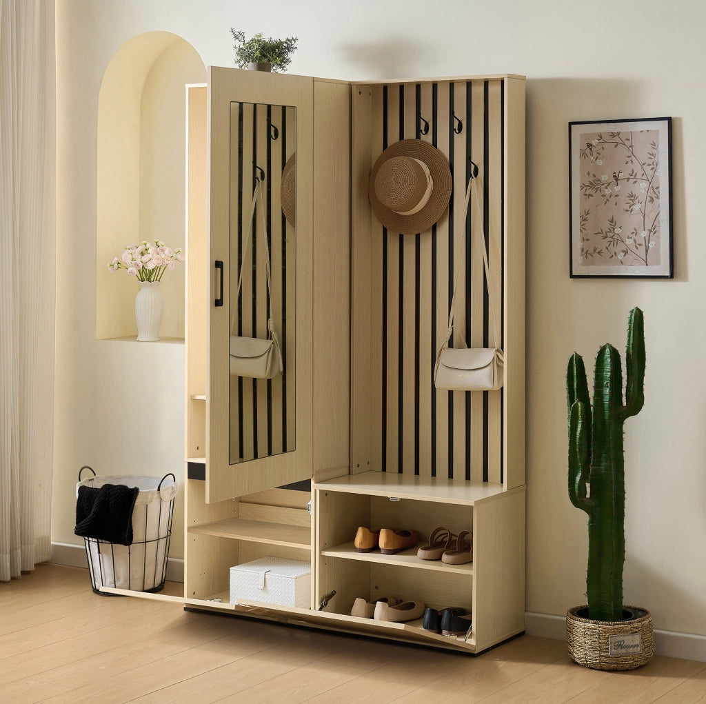 Set guardaroba con specchio e panca in MDF effetto legno
