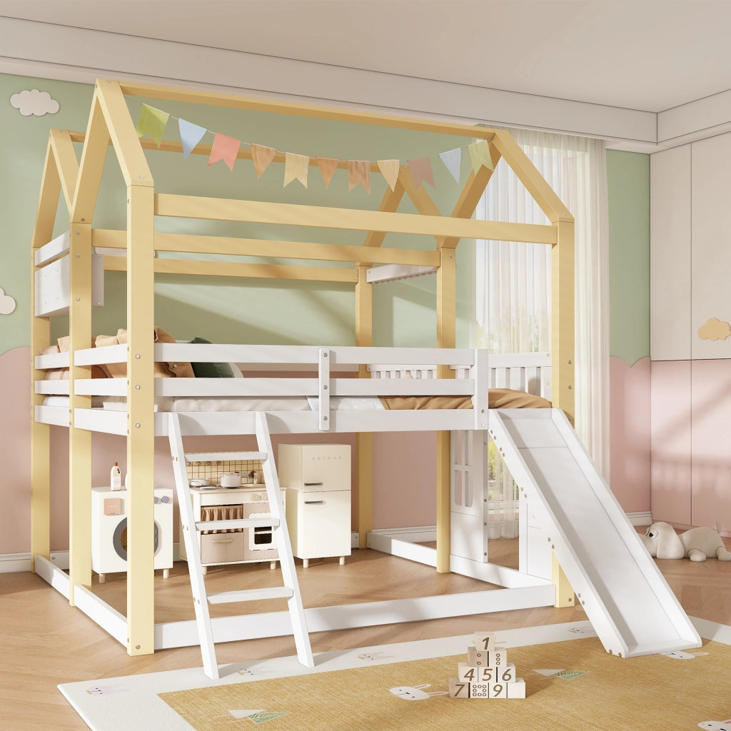 Letto a soppalco per bambini 90 × 200 cm con scivolo e scala reversibili in legno bianco e naturale