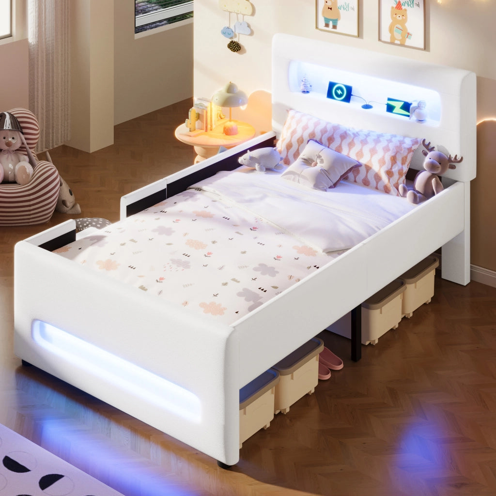 Letto imbottito a piattaforma 90 x 200 cm con scala, cassetti, strisce LED, USB e tasche contenitore - Bianco