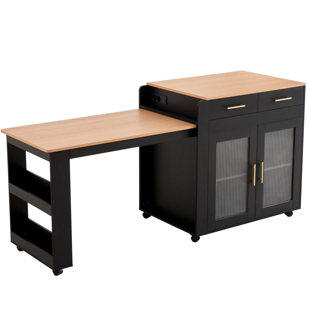 Isola cucina con tavolo estraibile 116-177 cm e prese USB; nera HOMVRA