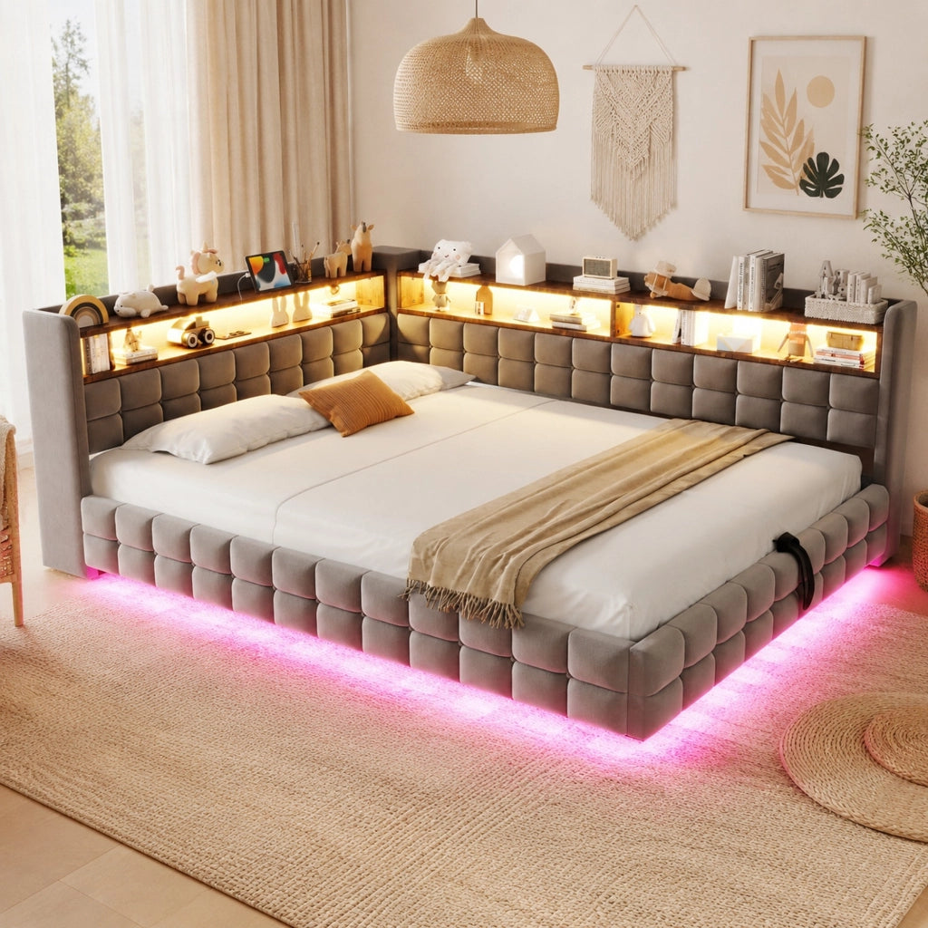 Divano letto imbottito ULEVR 140x200 cm con vano idraulico, LED, presa USB e Type-C, velluto grigio chiaro