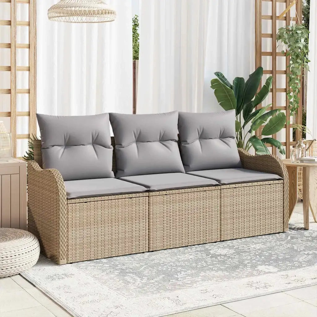 Set Divano da Giardino con cuscino 3 pcs Beige Poly Rattan
