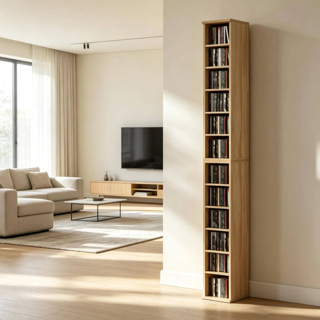 Set di 2 armadietti porta CD con colonne a scaffale, 12 scomparti, 21x22,5x88,5 cm, capacità 204 CD, colore rovere