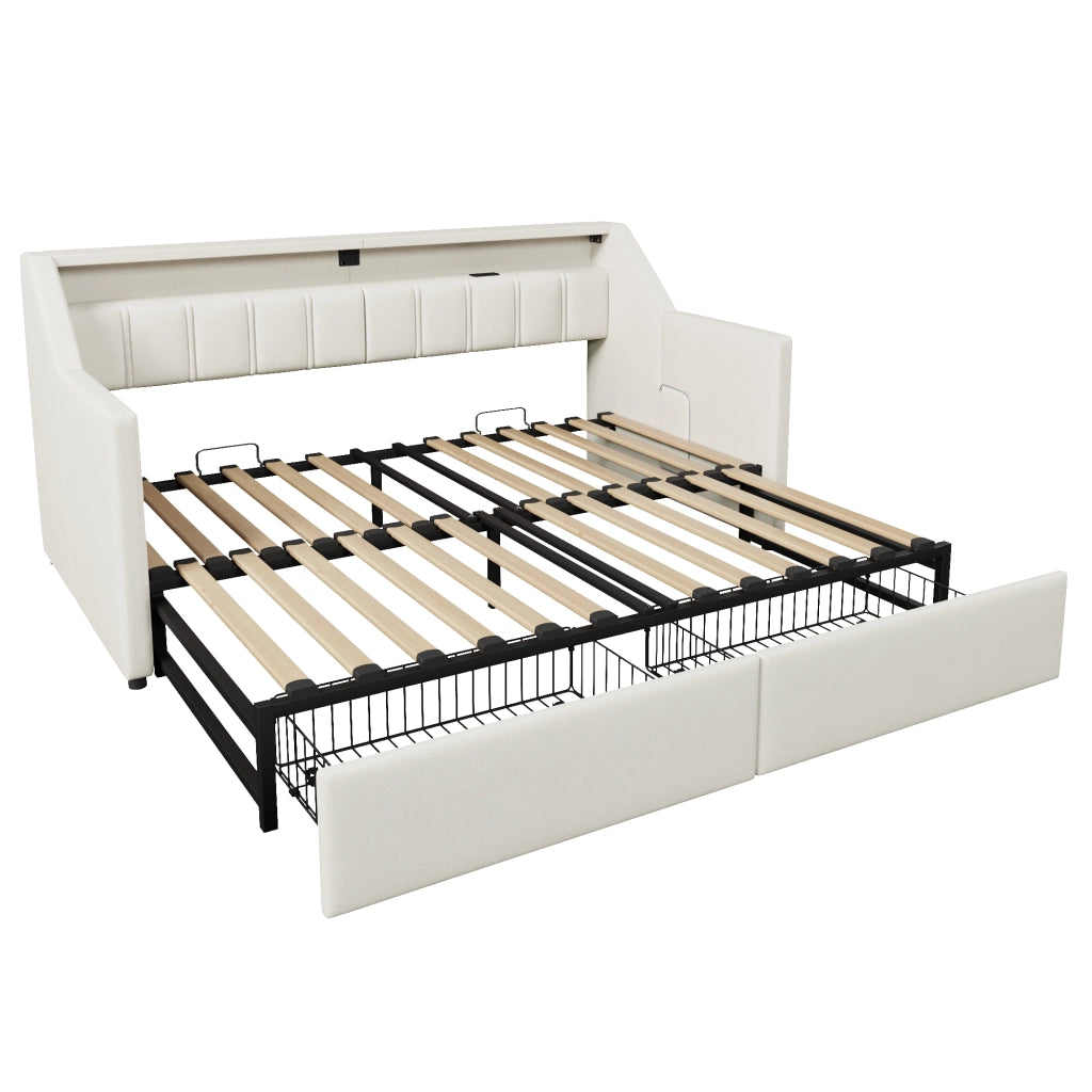 Daybed 90 x 200 cm con USB, Type-C, LED e 2 cassetti, beige