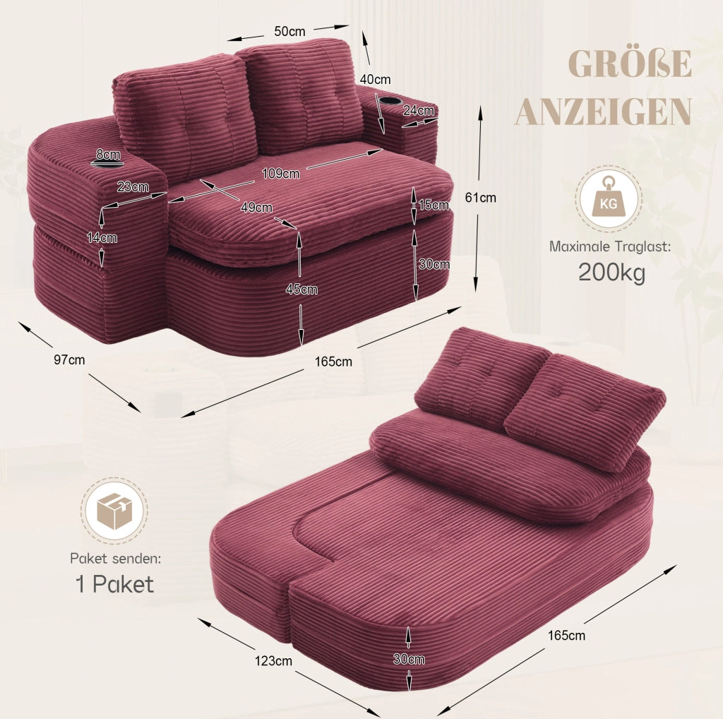 POLTRONA 2 IN 1 Reclinabile in Velluto a Coste Rosso Vino
