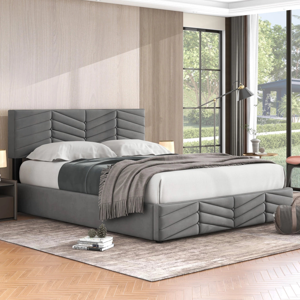 Letto contenitore 140 × 190 cm con testiera regolabile rivestito in velluto grigio con rete a doghe