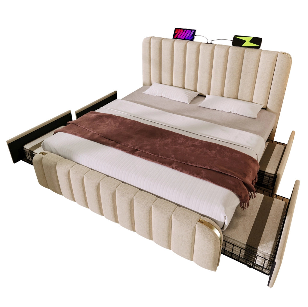 Letto matrimoniale 160x200 cm beige in lino con 4 cassetti; USB/Type-C e materasso H3