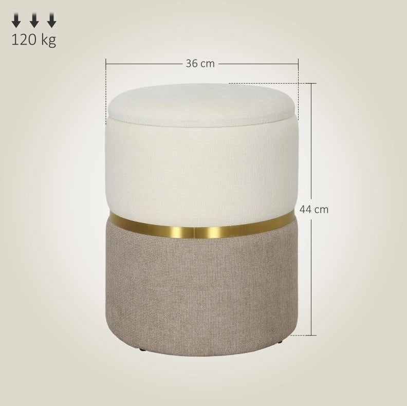 Pouf contenitore con coperchio, design bicolore con anello in metallo, 36 x 36 x 44 cm, crema e bianco