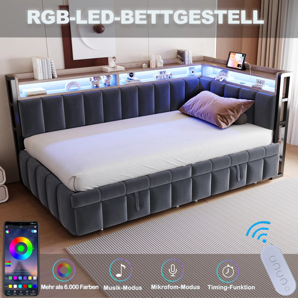 Divano letto estraibile 90x200 cm con LED; USB e Type-C; vani portaoggetti; tessuto grigio
