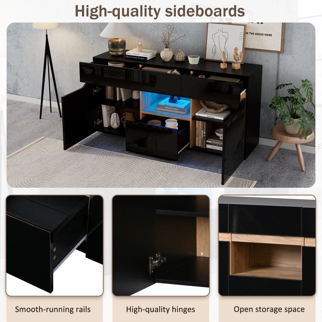 Credenza Soggiorno con LED ¨C Xylo ¨C 4 Cassetti, Legno e Nero Lucido, 140x40x70 cm
