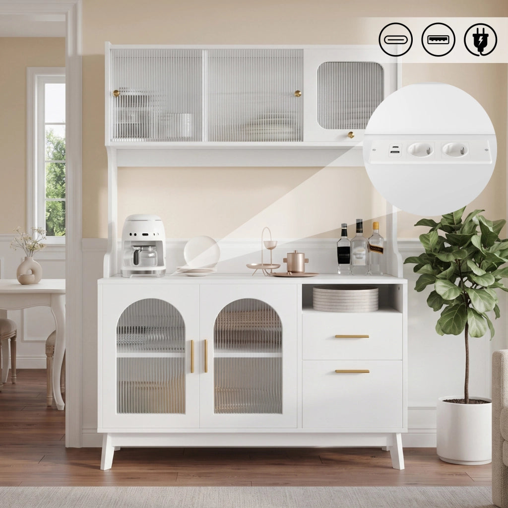 Credenza alta con frontali in acrilico ondulato; 2 prese; porte USB-A e USB-C; bianca; 120 × 40 × 178 cm