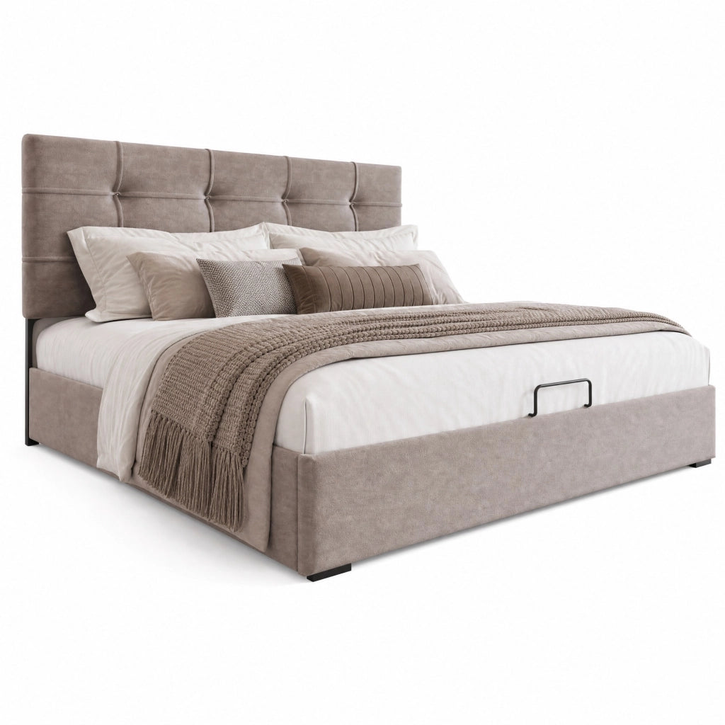 Letto matrimoniale imbottito 140 ¡Á 200 cm con contenitore testiera regolabile in velluto grigio chiaro