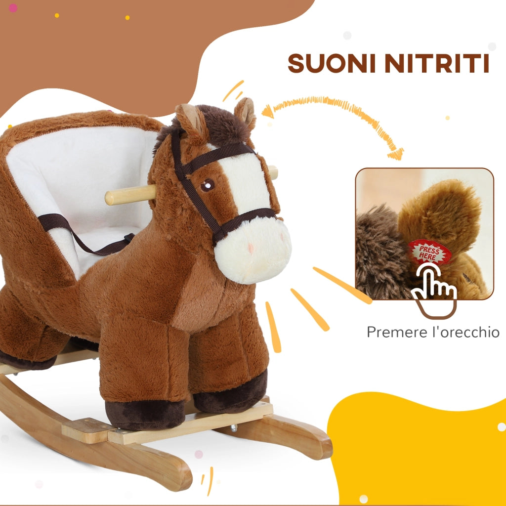 Cavallo a Dondolo per Bambini 18-36 Mesi con Suoni, Base in Legno e Cintura di Sicurezza, Marrone