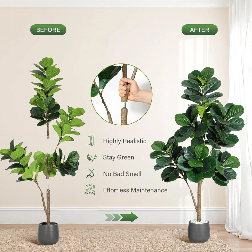 Ficus Lyrata Artificiale 180 cm con 108 Foglie e Vaso Bianco per Salotto e Ufficio
