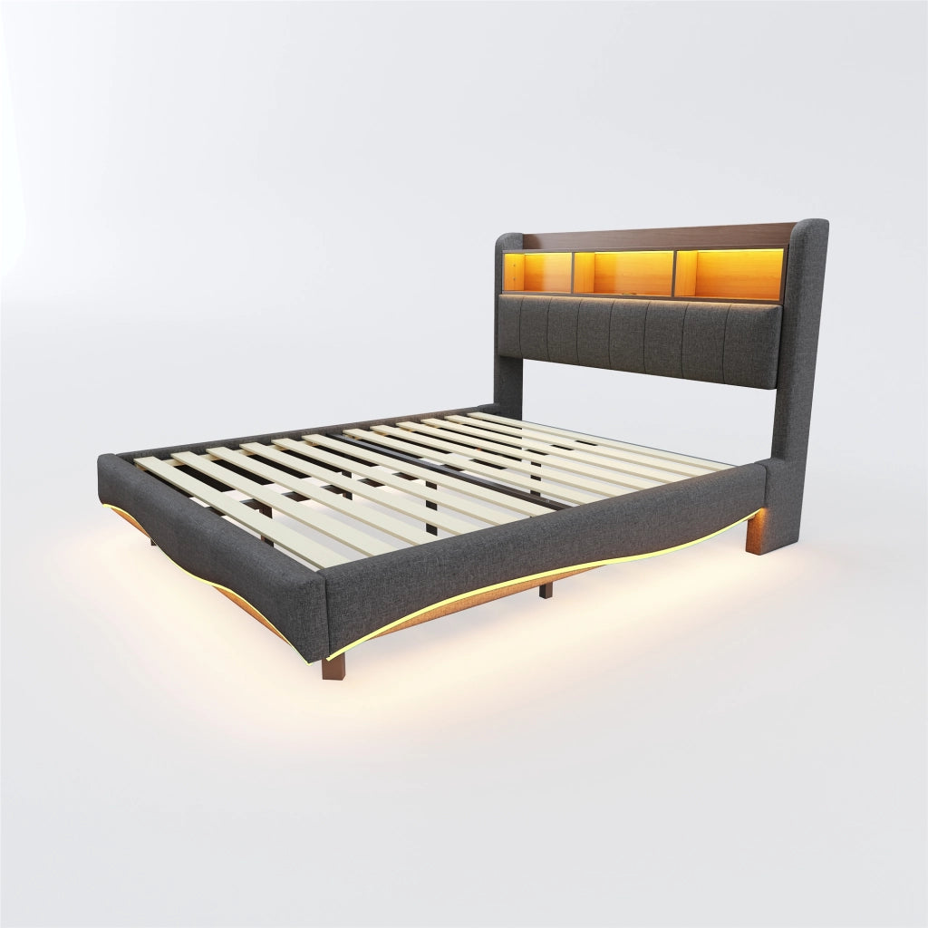 Letto imbottito 140x200 cm grigio con design sospeso; LED e prese USB Tipo C per camera da letto