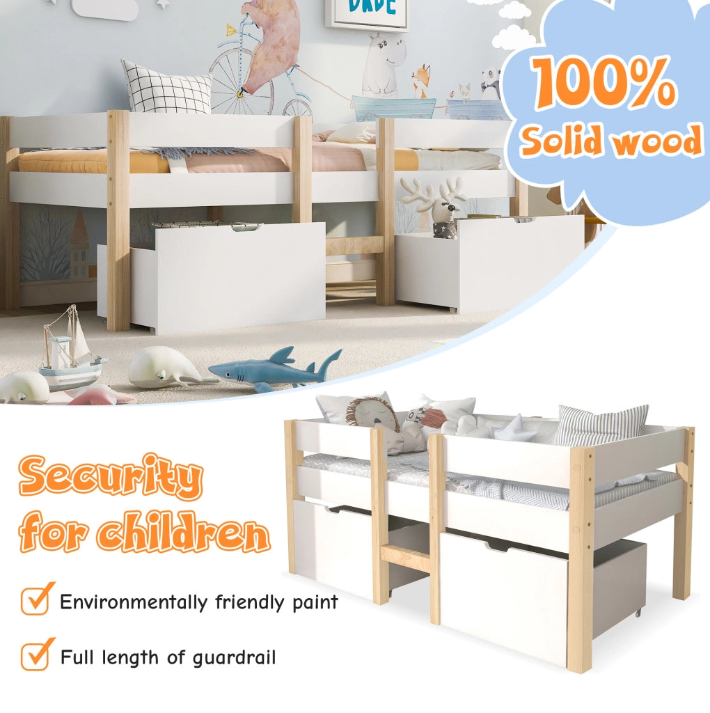 Letto semi-alto per bambini in pino massello; 90x190 cm; bianco; con scala e 2 cassetti