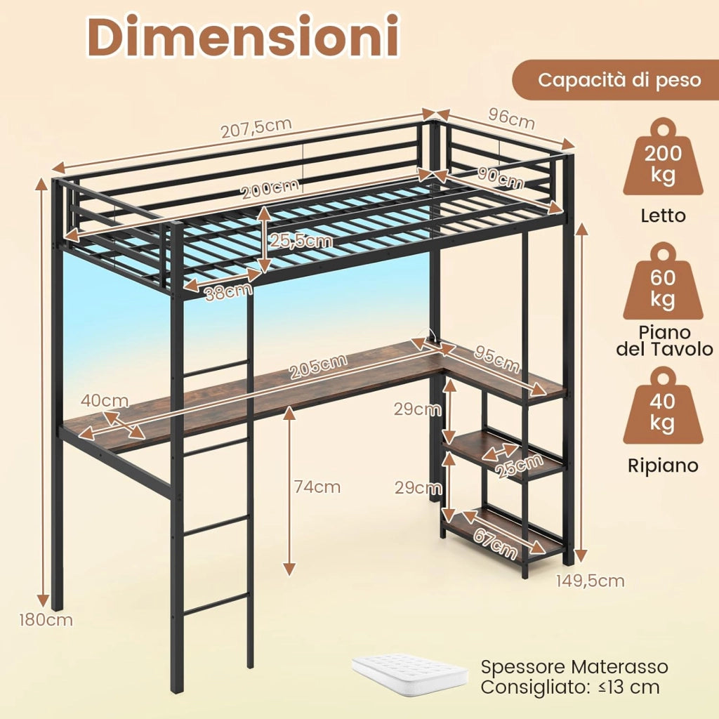 Letto a Soppalco 90 x 200 cm con Scrivania Sotto, Letto a Castello con Luce LED e Stazione di Ricarica, Letto Rialzato Struttura in Ferro con 2 Ripiani per Ragazzi e Ragazze (Nero)