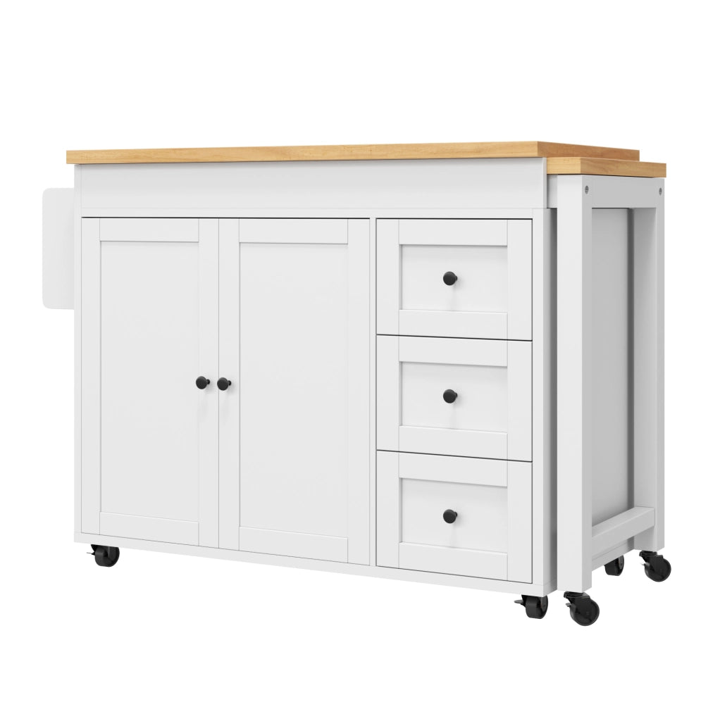 Isola da cucina mobile allungabile 116-179,5 cm con 3 cassetti, ripiani laterali snack e ruote, bianco/nero