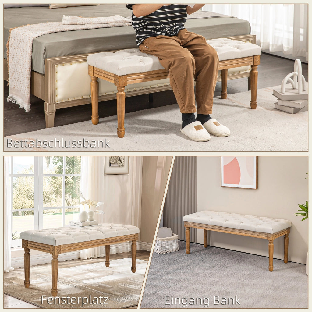 Panca da letto imbottita con bottoni e gambe in legno, stile francese, in poliestere bianco crema, 120 × 41 × 48 cm