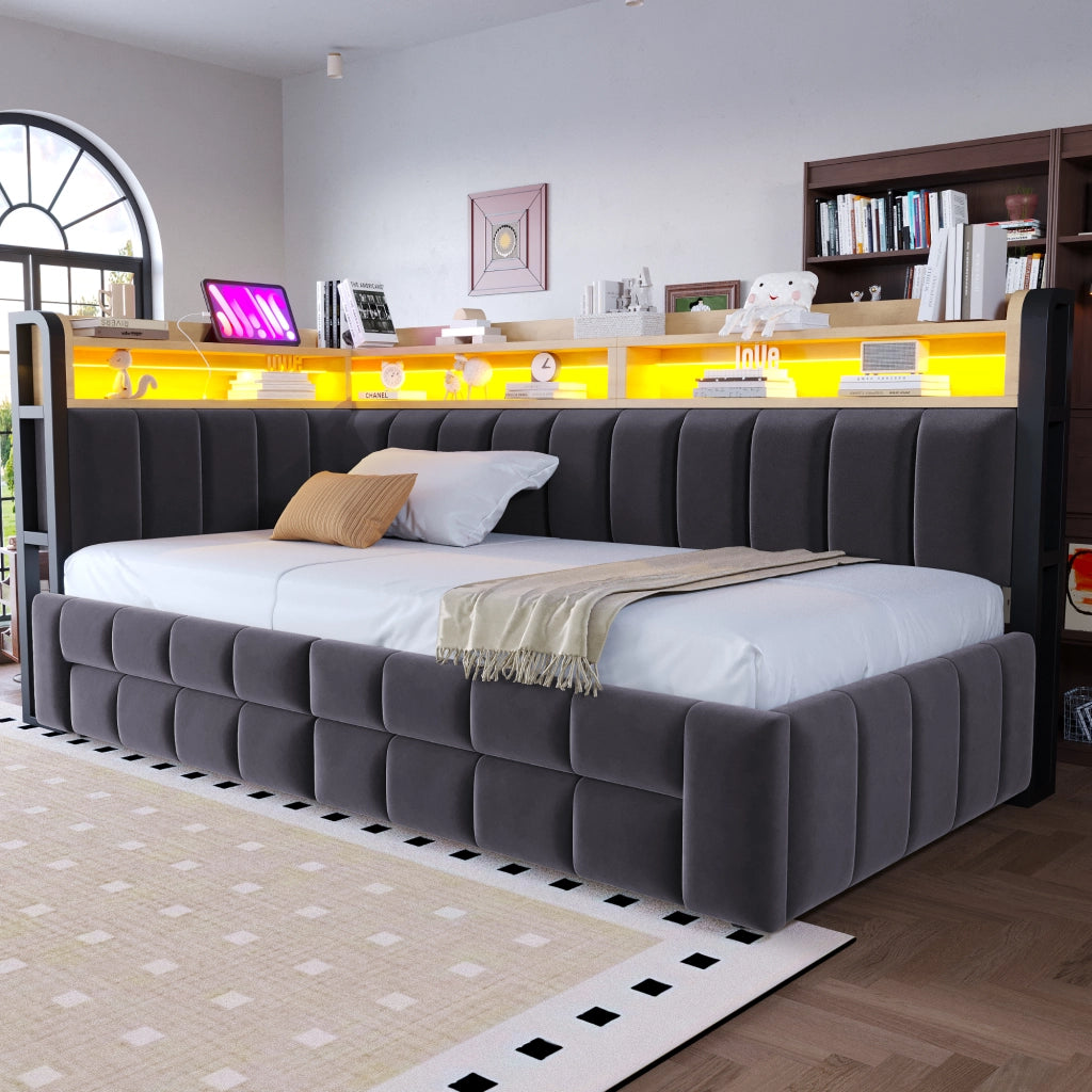Letto estraibile 2 posti con 2 cassetti; LED regolabile; USB; Type-C e vani 90 × 200/180 × 200 cm