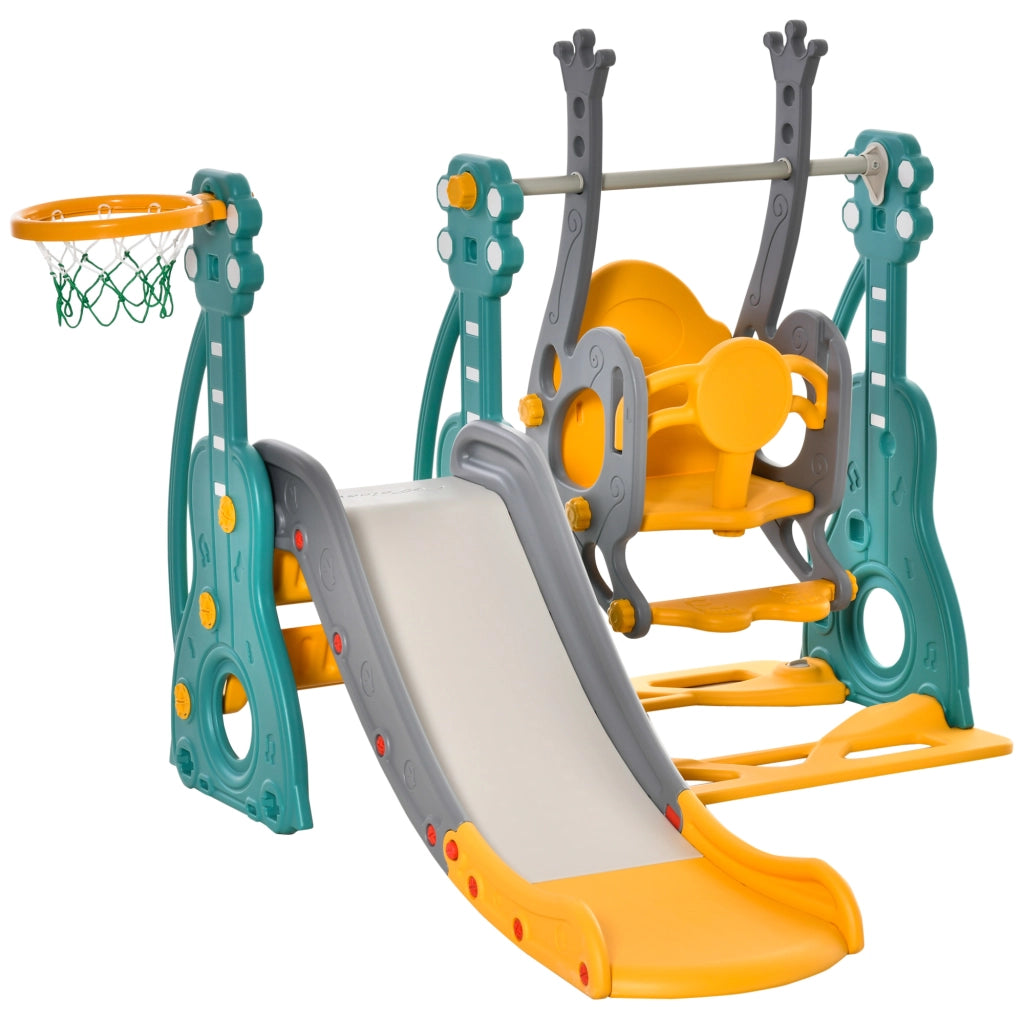 EasyComfort Scivolo 3 in 1 per Bambini con Altalena Regolabile, Canestro e Palle per Cameretta e Giardino, 152x149x107cm, Blu, Grigio, Giallo