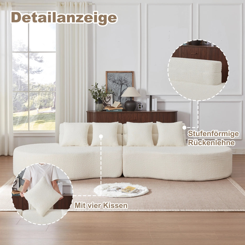 Divano modulare 2 posti in schiuma con schienale a livelli e cuscini decorativi, design curvo in ciniglia beige