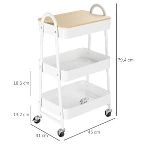 Carrello da cucina ULEVR a 3 ripiani con coperchio e ruote frenanti, acciaio bianco 45x31x79,4 cm
