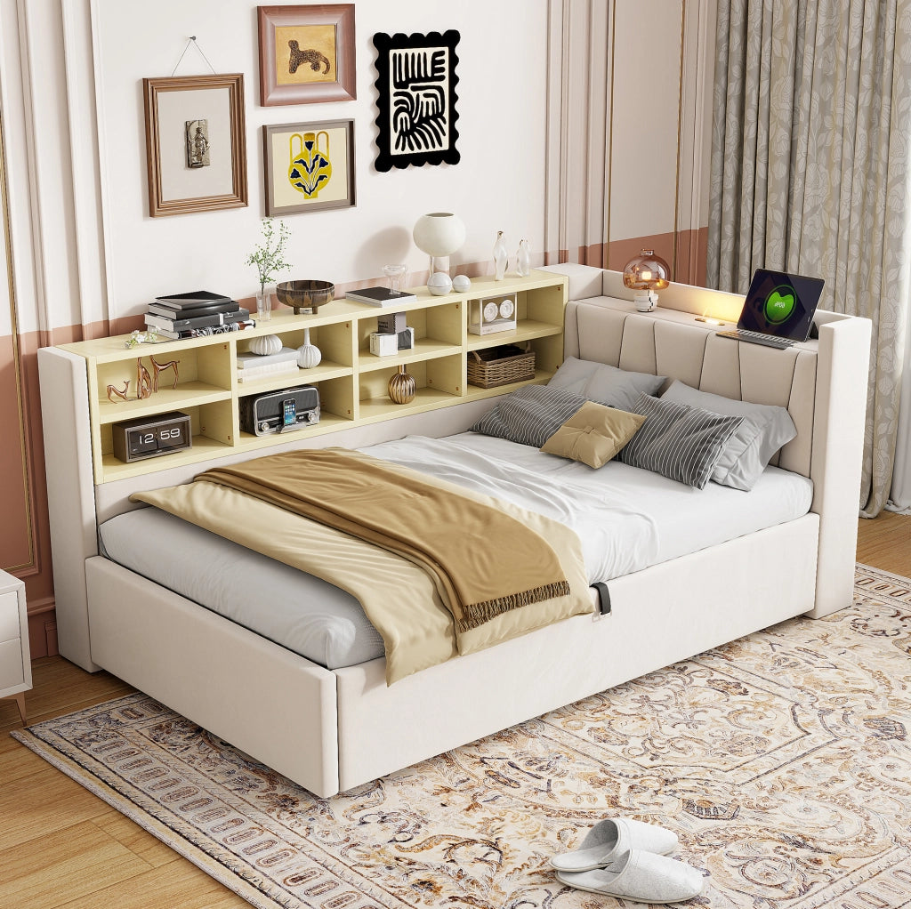 LETTO Contenitore 90x200 cm in Velluto Beige con testiera multifunzione